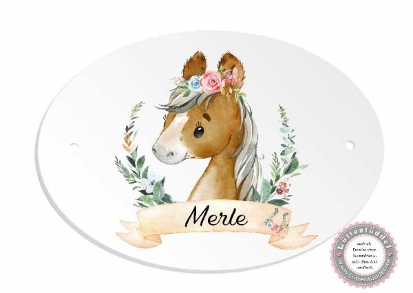 zauberhaftes ovales Türschild Fohlen Ponny mit Wunschname, Kinderzimmer, - zur Einschulung, Geburtstag, Taufe, Lüttentüddel®